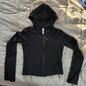 Abonlen Ribbed Cropped Zip Up Hoodie Black